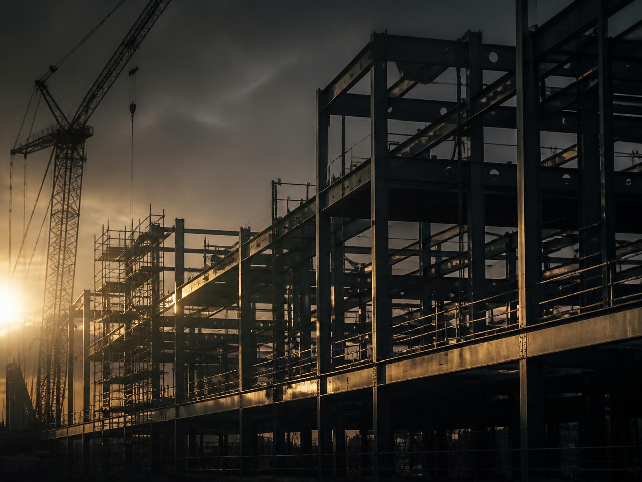 Cantiere di costruzione casa: struttura in acciaio al tramonto, divisione G.G.S.C.