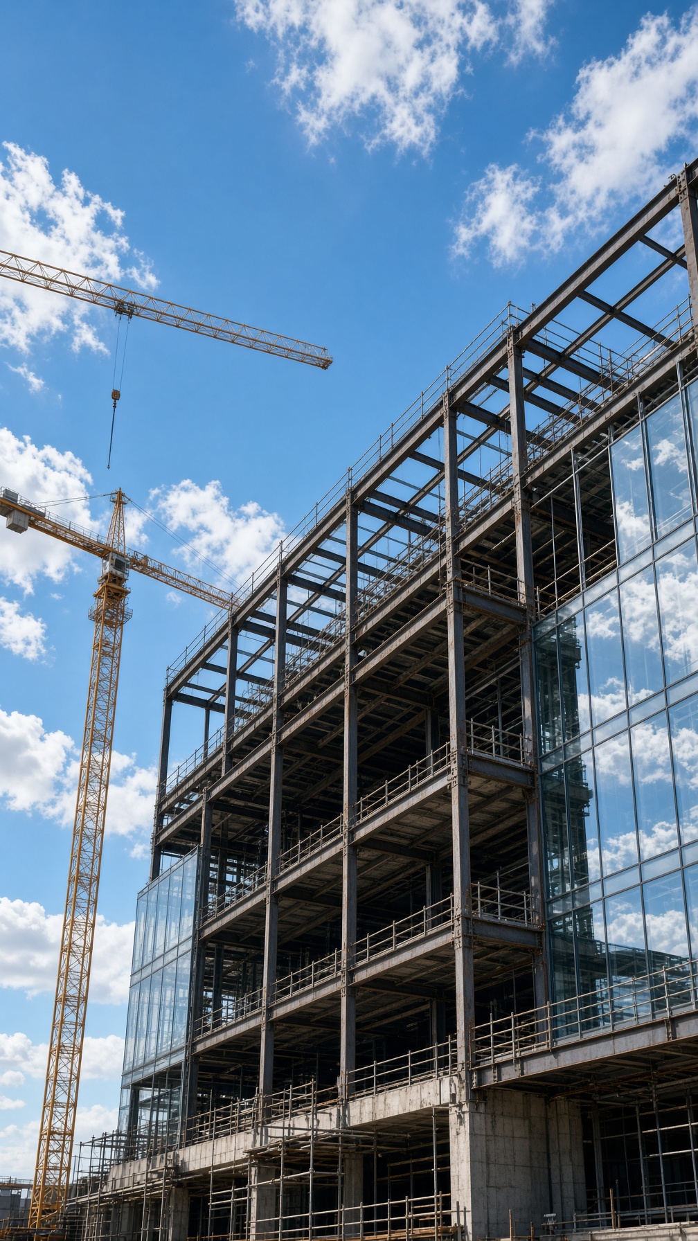 Struttura in acciaio e vetro di un cantiere in costruzione con due gru a torre, divisione G.G.S.C.
