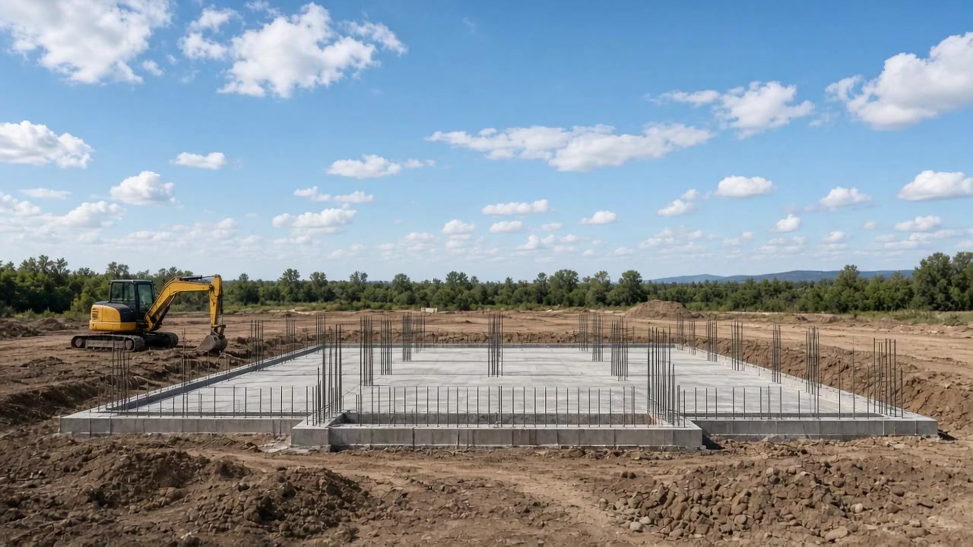 Fondamenta in cemento armato di un cantiere edile Gruppo GS a Vicenza, con ruspa e cielo azzurro